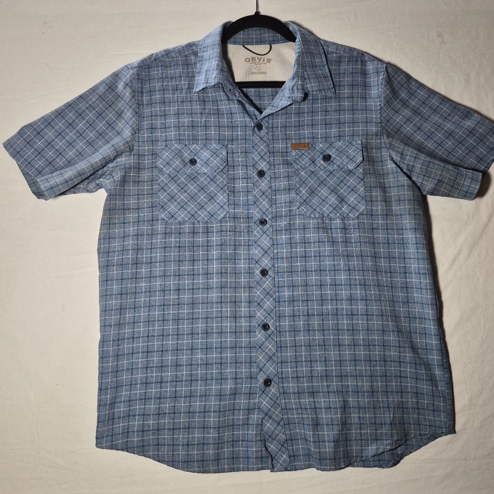 Orvis Light Blue Plaid Short-Sleeve Button-Up Shirt Medium